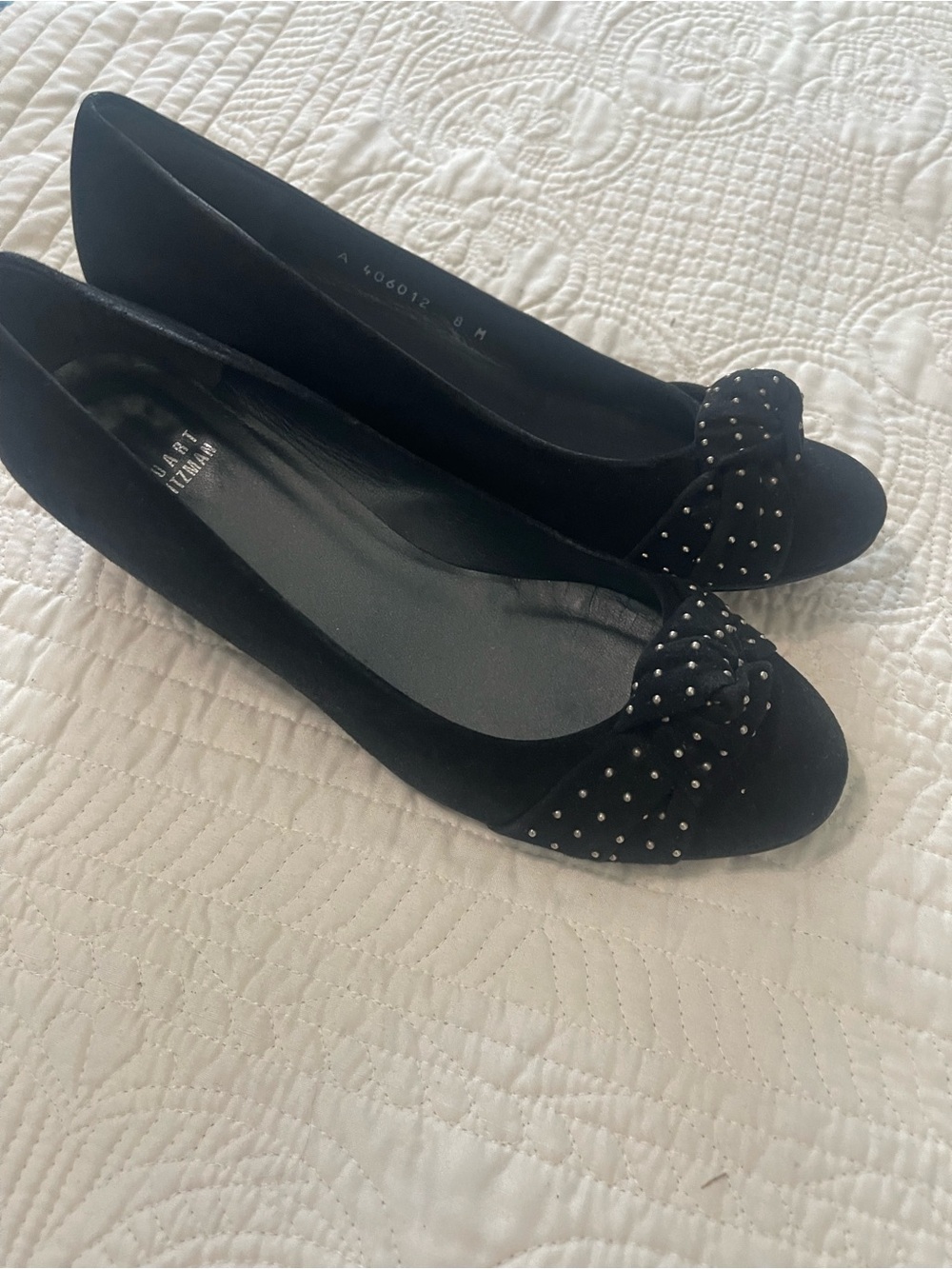 Stuart Weitzman Black Studded Bow Wedge Pumps - Picture 2 of 4